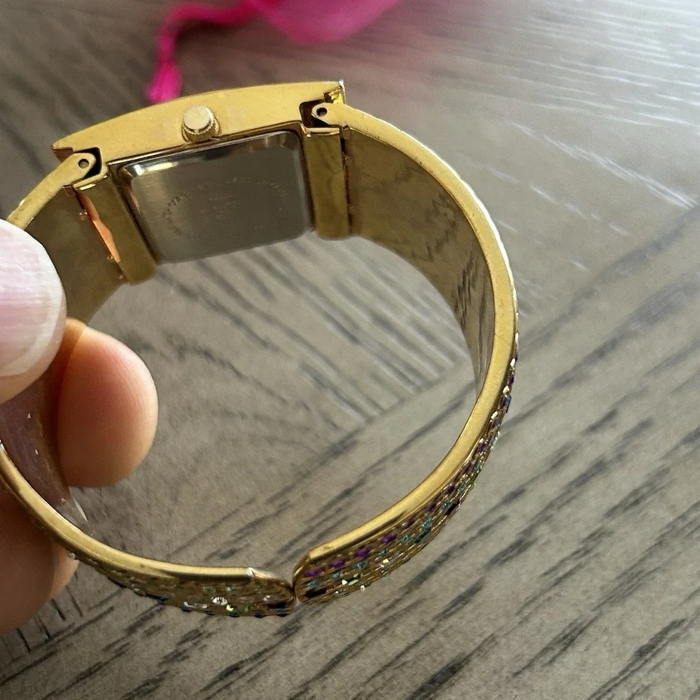 Vivani Gold Tone Multicolor Crystal Cuff Watch Quartz Japan Movt + Pouch‎ Y2K